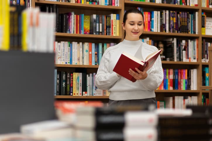 Mulher lendo um livro em pé, na biblioteca do seu mestrado fora do Brasil.