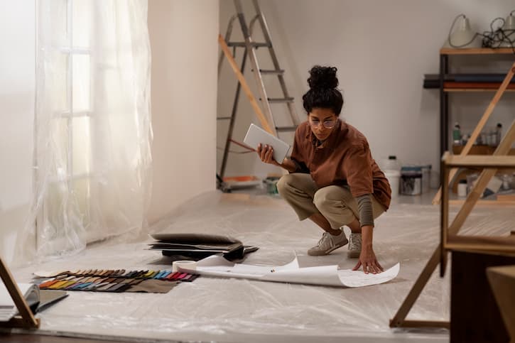 Na imagem, uma mulher está agachada no meio de um cômodo em reforma, analisando a planta do projeto. Ao seu redor, as paredes estão cobertas por plástico. Há escada e estruturas de madeira.