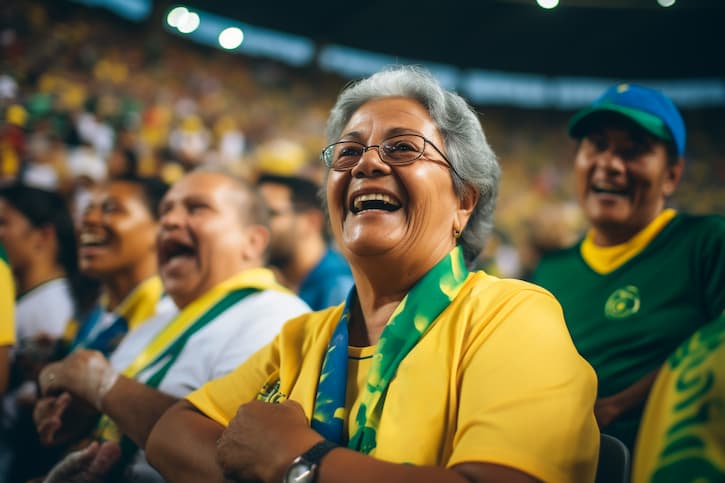 Na imagem, uma senhora em destaque vestida com a camiseta da Seleção Brasileira de Futebol, acompanha um jogo da Copa do Mundo, cercada por outros torcedores brasileiros.