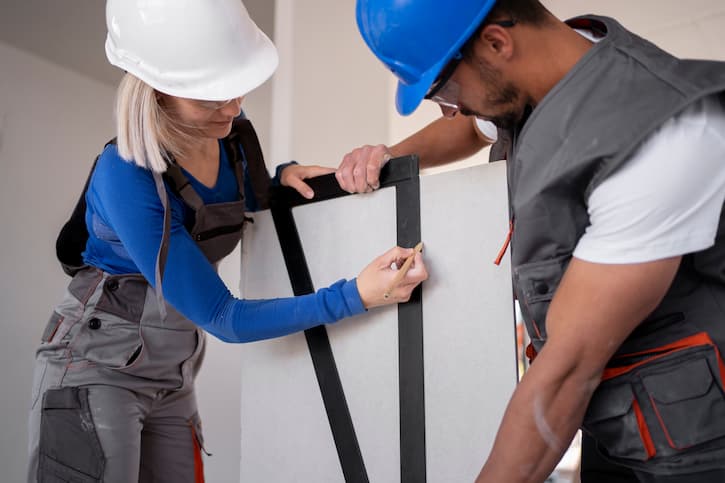 Homem e mulher vestidos com acessórios de segurança de obra, seguram um piso de cerâmica e fazem a marcação com esquadro para cortar a peça.