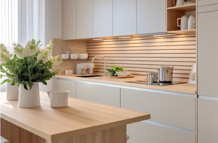 Cozinha com móveis planejados otimizando espaço.