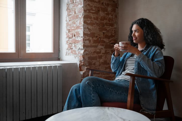 Jovem sentada em uma cadeira ao lado da janela, tomando café, sorrindo e observando o lado de fora de sua casa.